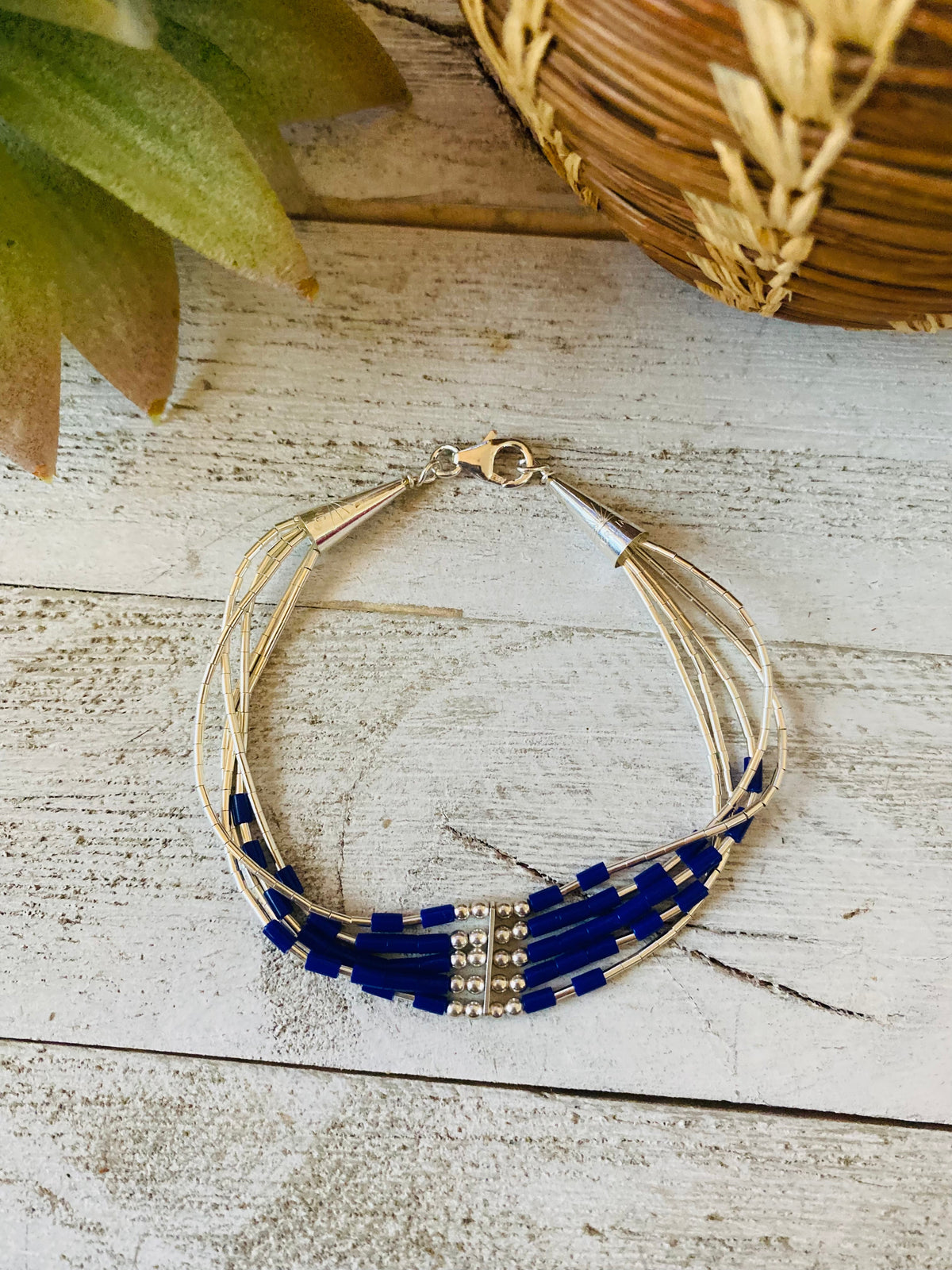 Navajo Lapis & Sterling Liquid Silver Beaded Bracelet