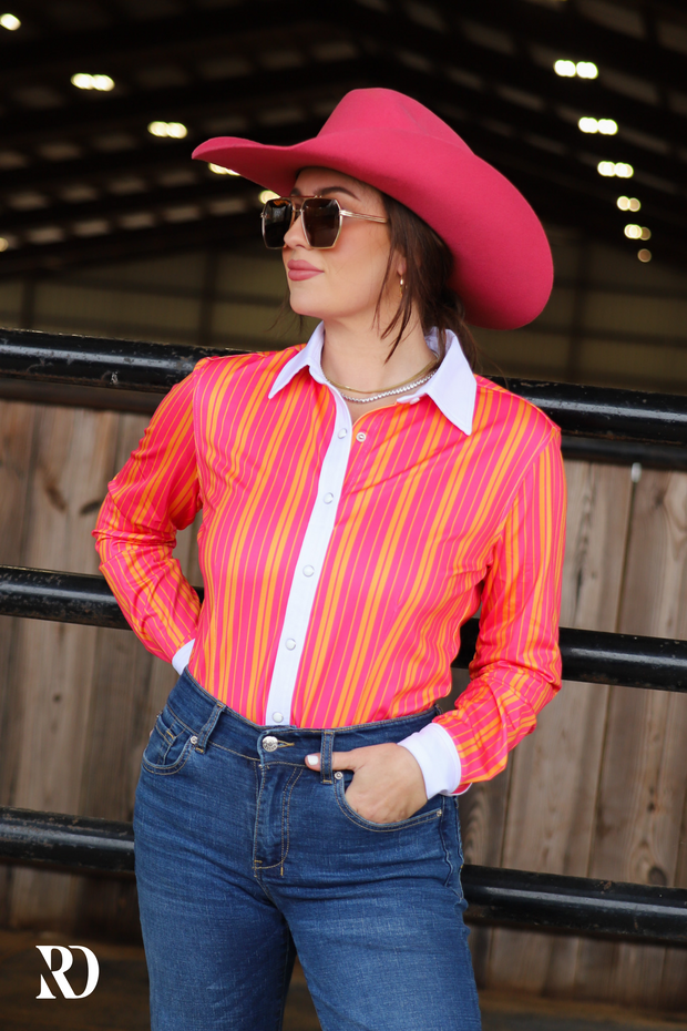 PINK & ORANGE PIN STRIPE PERFORMANCE RODEO SHIRT (ADULT)