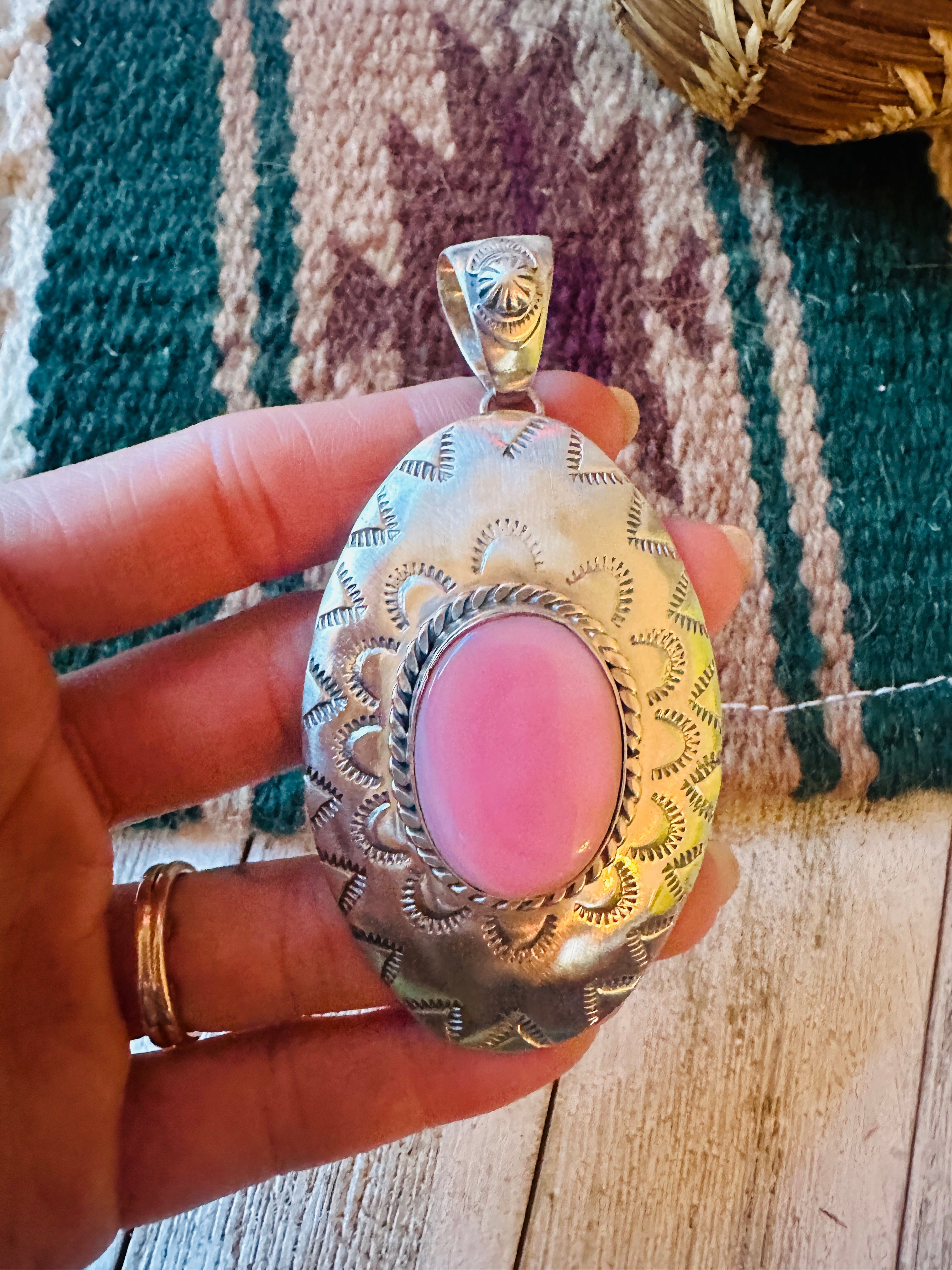 Navajo Queen Pink Conch Shell & Sterling Silver Concho Pendant