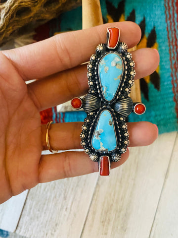 Navajo Sterling Kingman Turquoise & Red Coral Ring Size 8.5 By Shawn Cayatineto