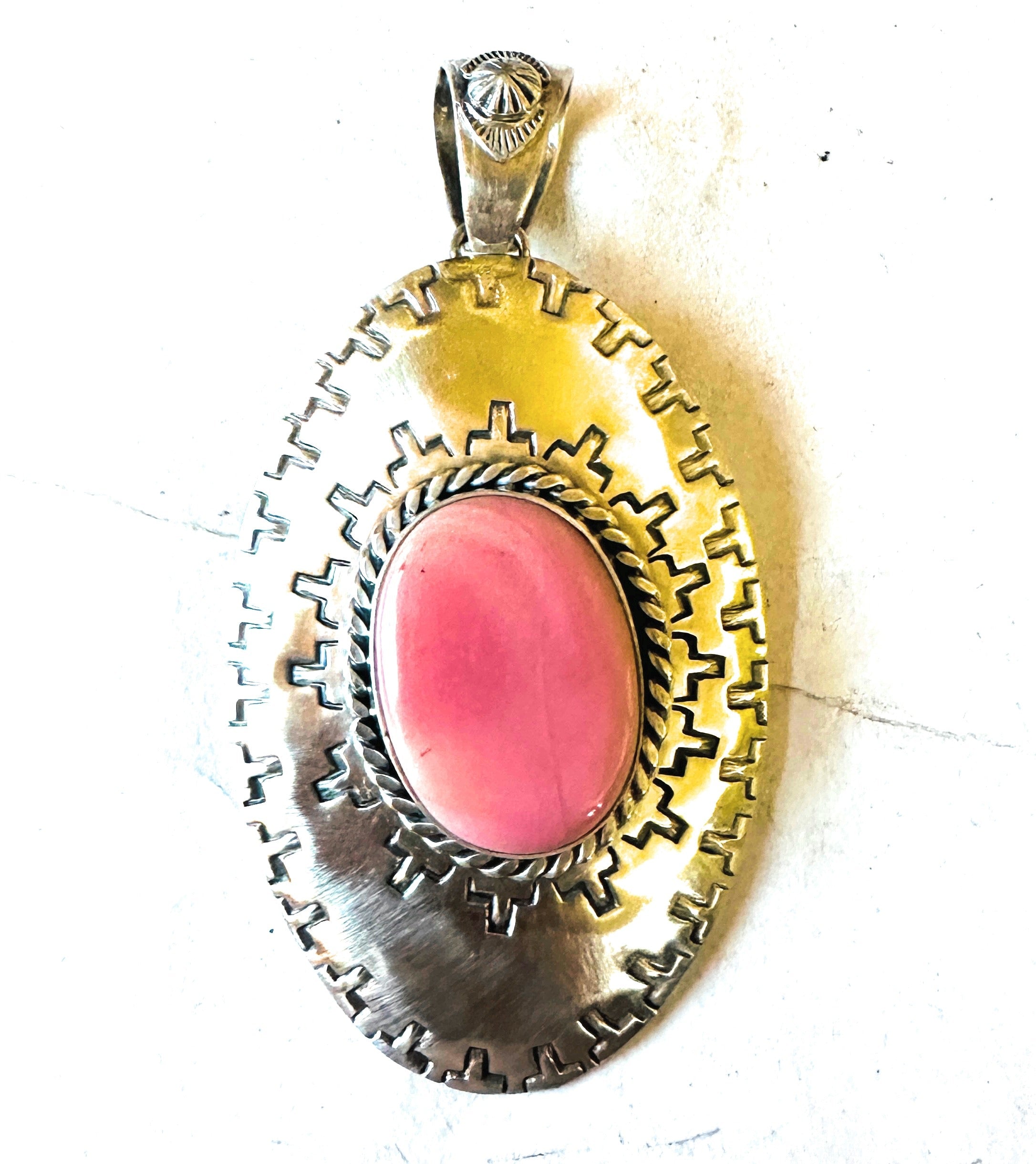 Navajo Queen Pink Conch Shell & Sterling Silver Concho Pendant