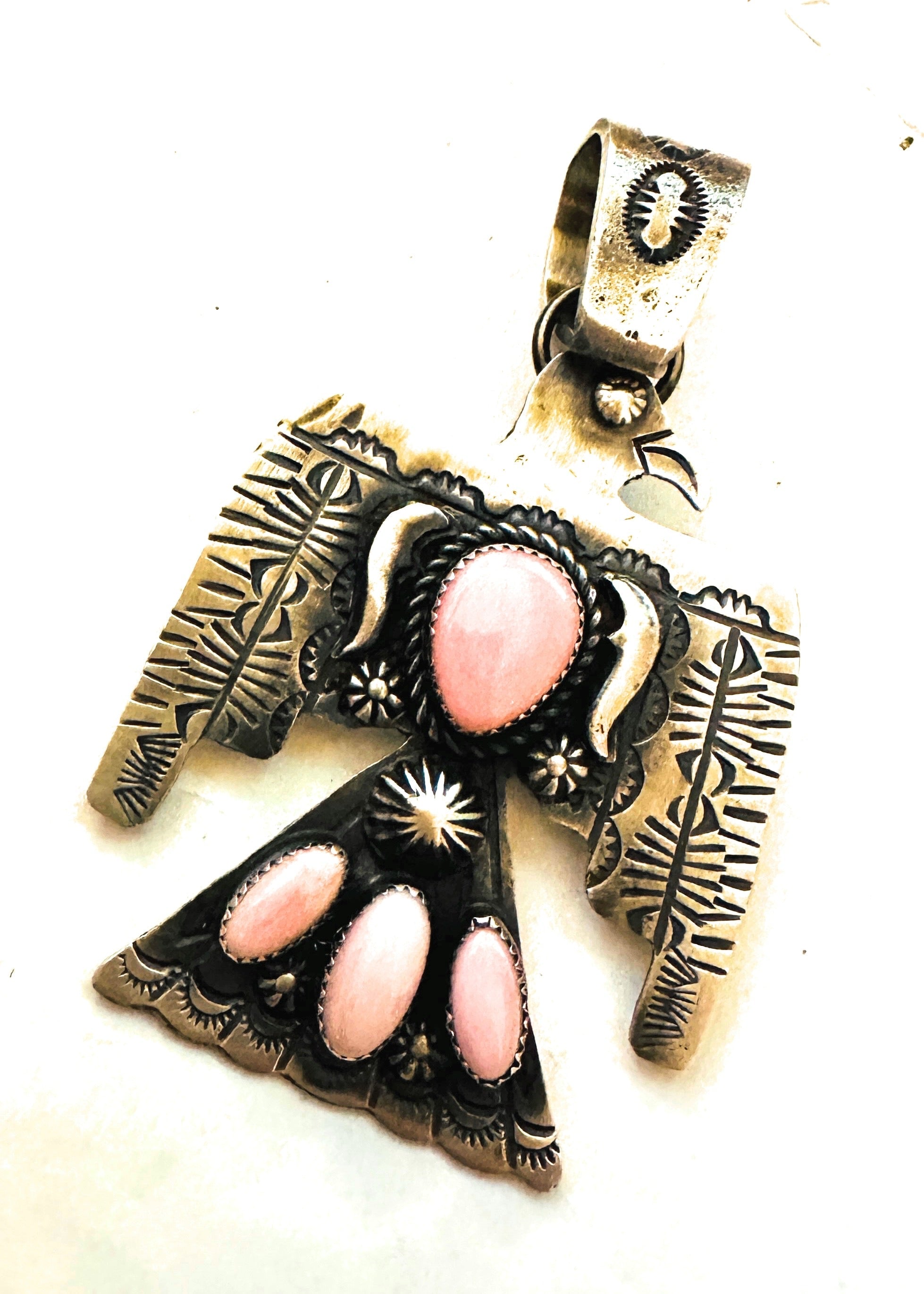 Navajo Queen Pink Conch & Sterling Silver Thunderbird Pendant