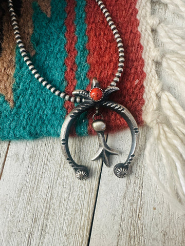 Navajo Coral & Sterling Silver Naja Pendant by Martha Cayatineto