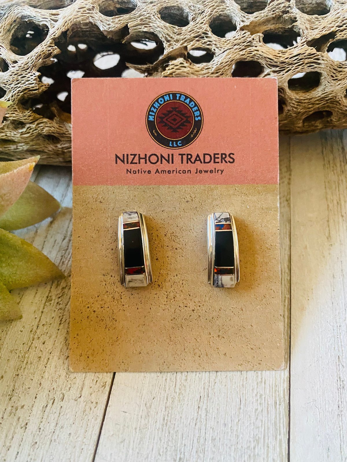 Navajo Multi Stone & Sterling Silver Inlay Dangle Earrings Signed