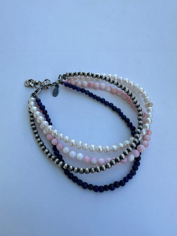 Handmade Sterling Silver, Pink Conch, Lapis & Mother of Pearl Beaded Bracelet