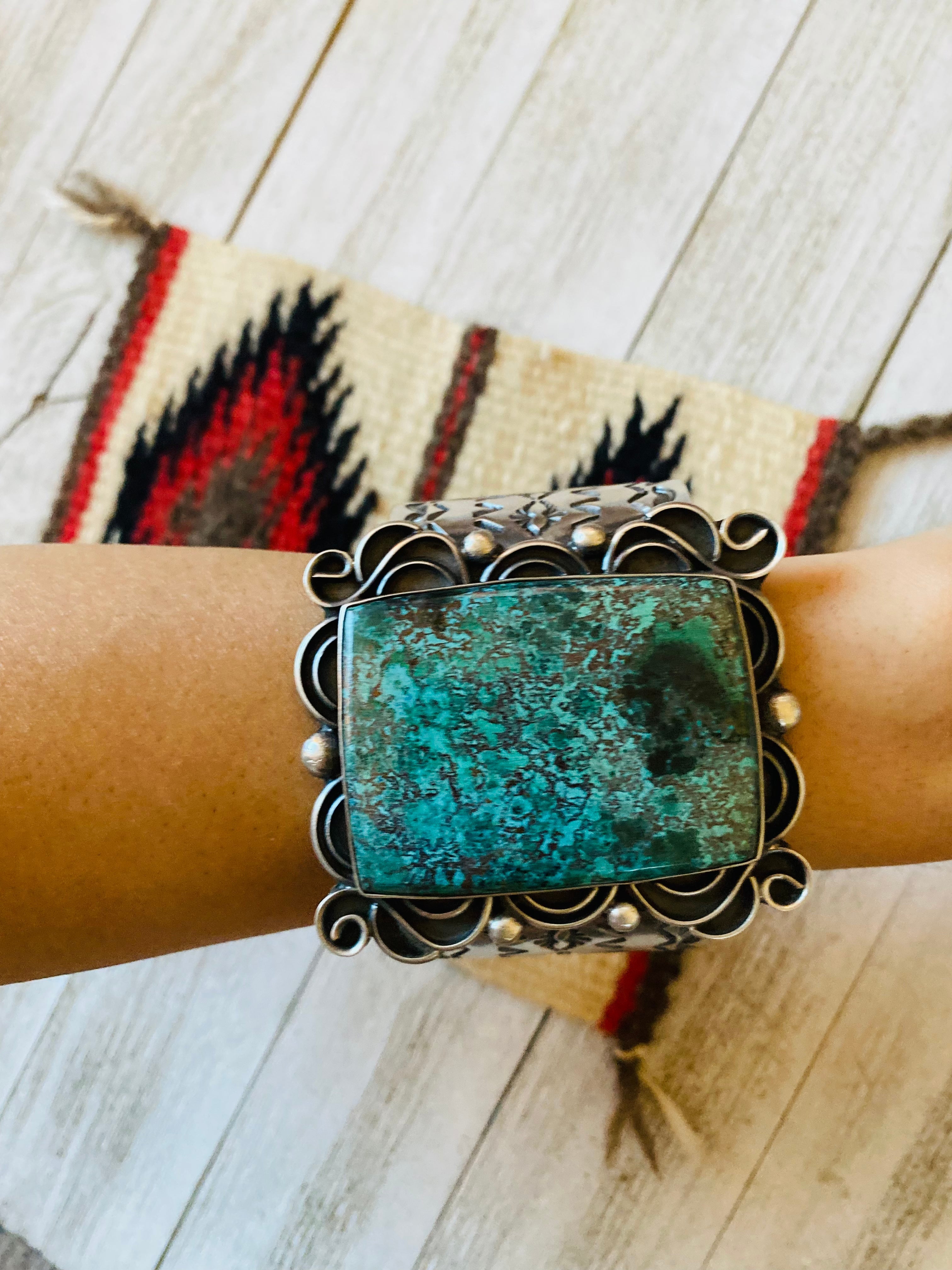 Navajo Tibetan Turquoise & Sterling Silver Cuff Bracelet Signed