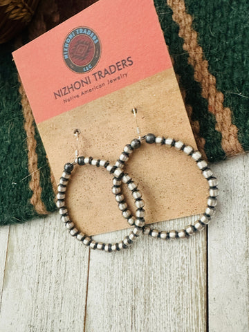 Navajo Sterling Silver Pearl Beaded Dangle Hoop Earrings