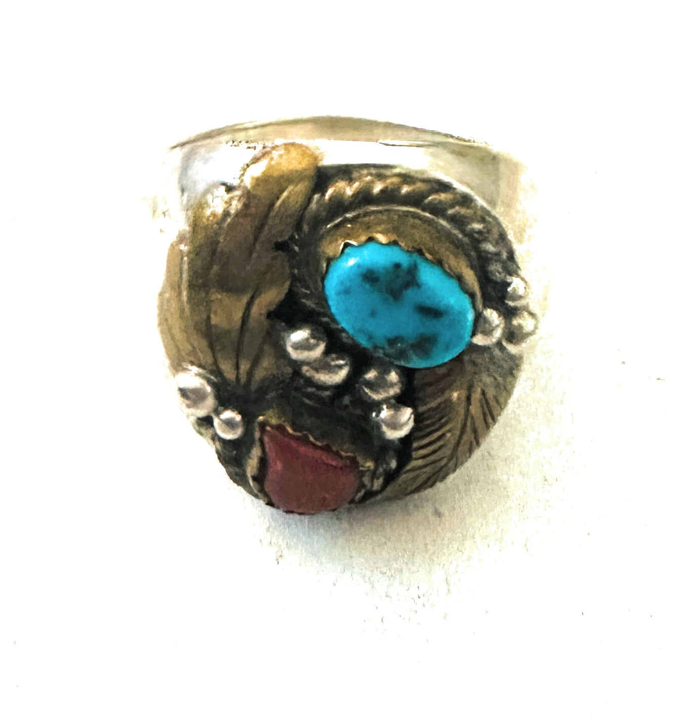 Vintage Navajo Sterling Silver, 14K Gold, Turquoise & Coral Ring Size 10