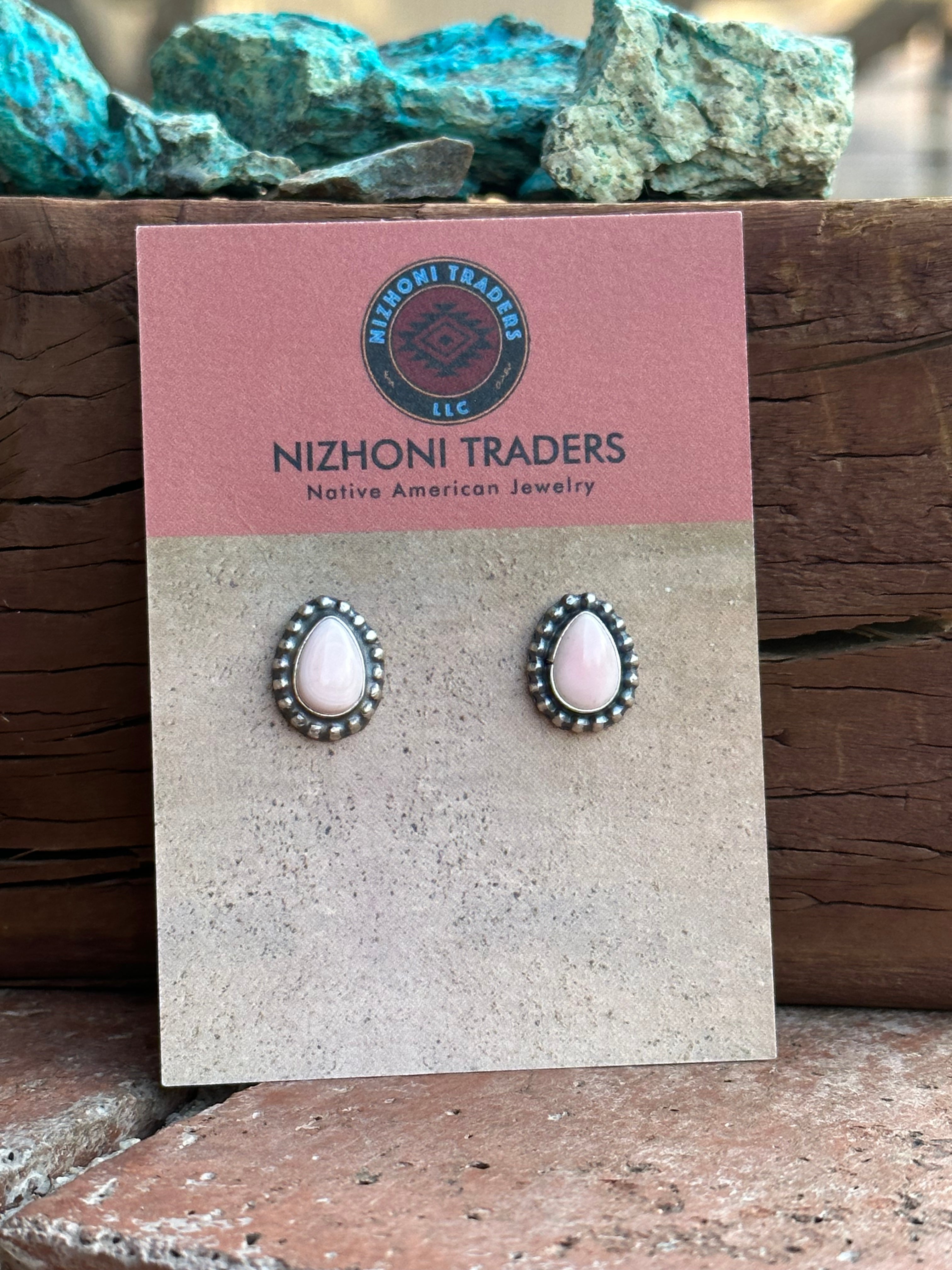 Navajo Sterling Silver and Pink Conch Tear Drop Post Earrings