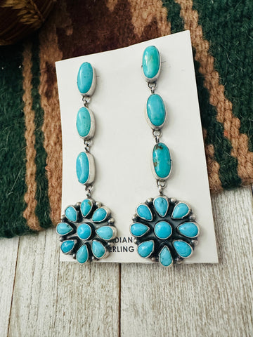 Navajo Sterling Silver & Sleeping Beauty Turquoise Cluster Dangle Earrings