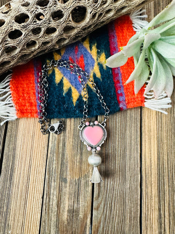 Navajo Sterling Silver & Queen Pink Conch Heart Blossom Necklace by Thomas Francisco