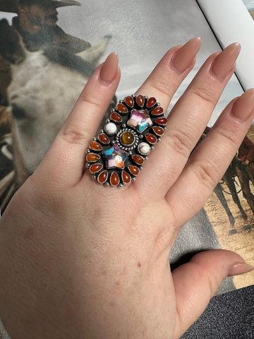 Handmade Amber, Wild Horse, Pink Dream Mojave And Sterling Silver Adjustable Ring