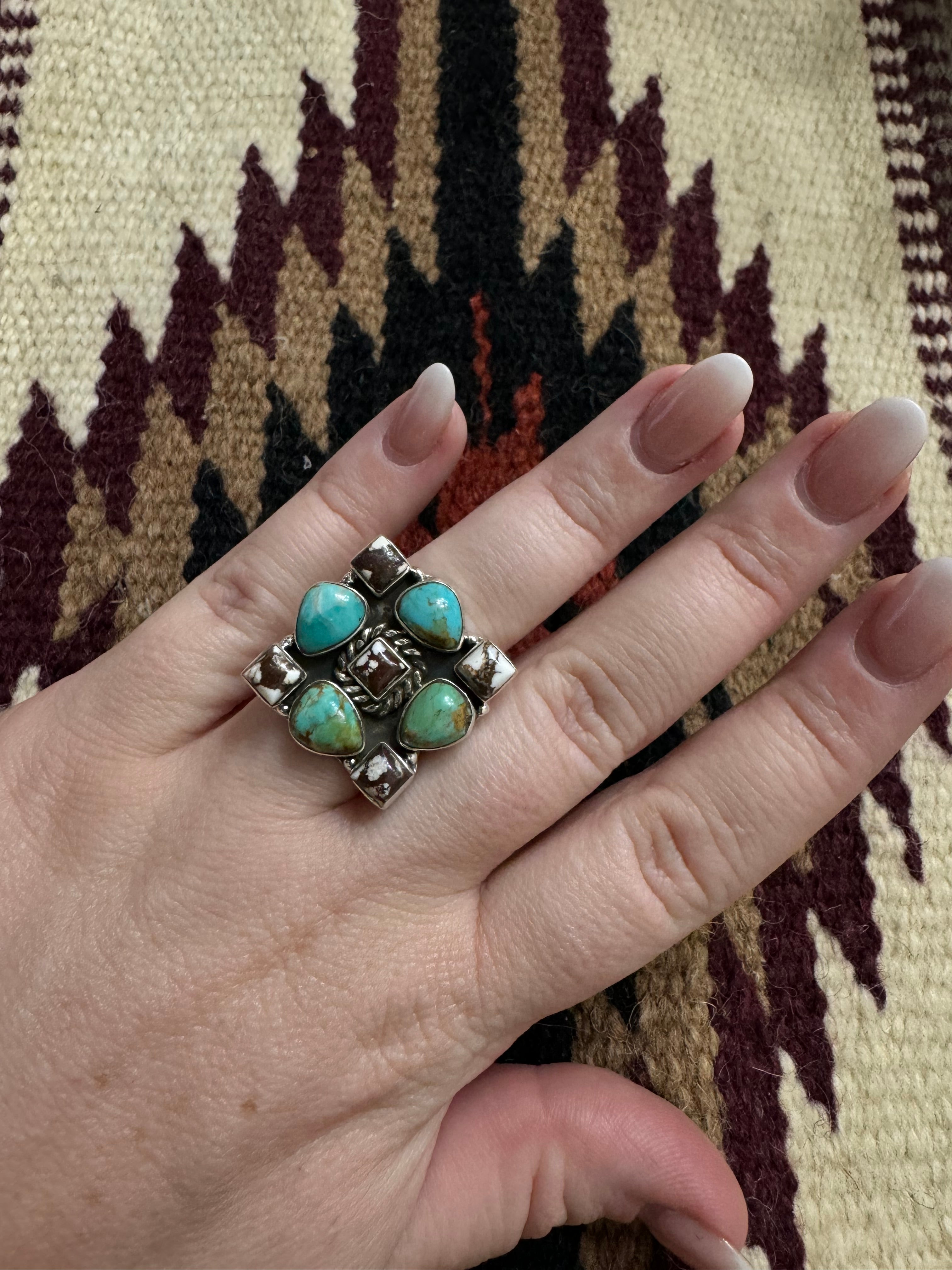 Beautiful Handmade Turquoise, Wild Horse  And Sterling Silver Adjustable Cluster Ring