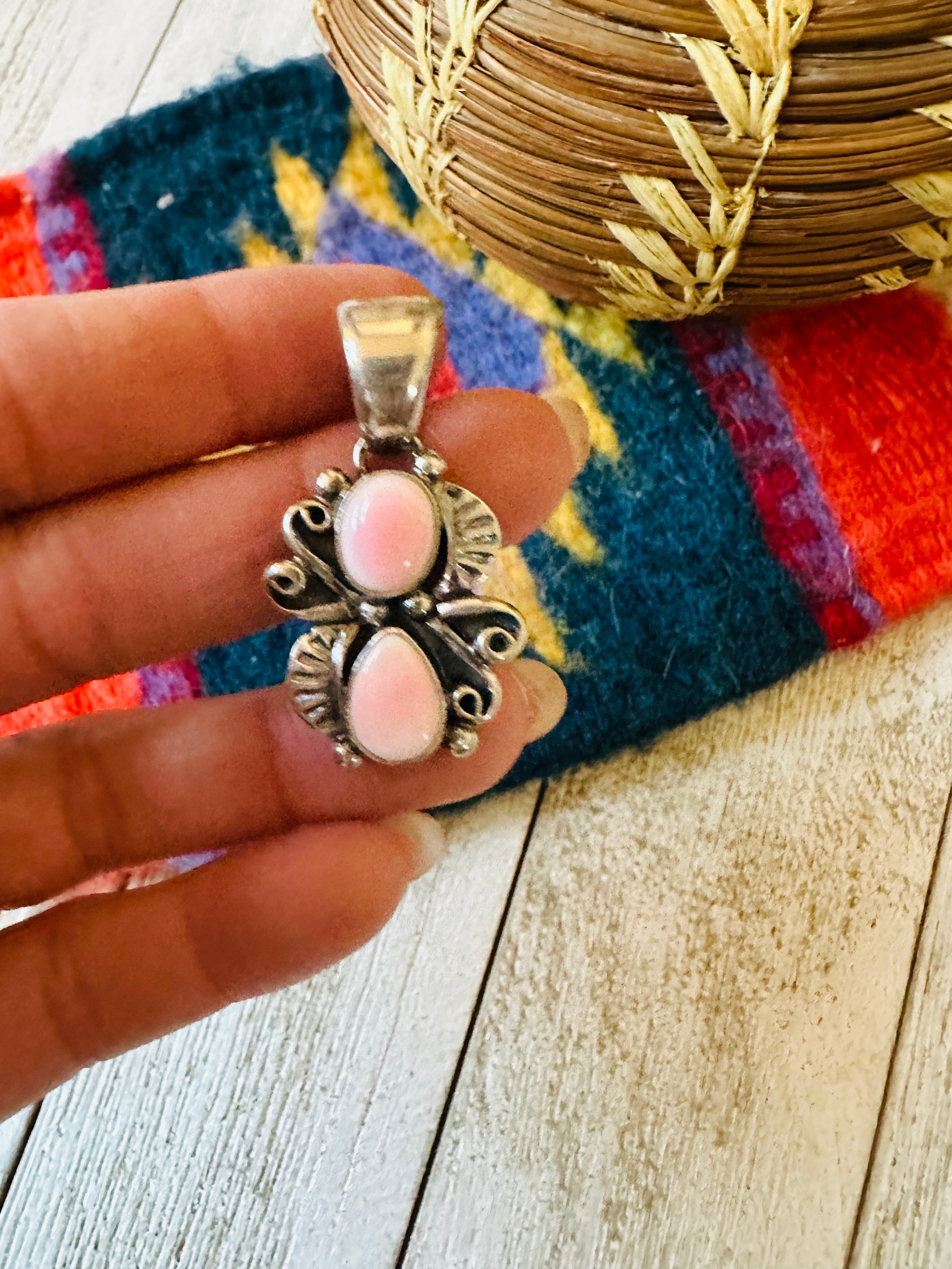 Navajo Queen Pink Conch Shell & Sterling Silver Two-Stone Pendant