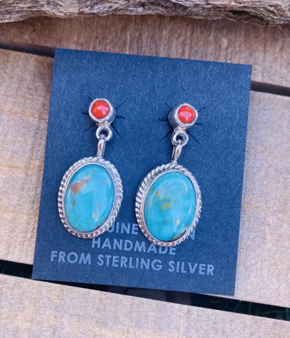 Navajo Turquoise, Coral & Sterling Silver Dangle Earrings