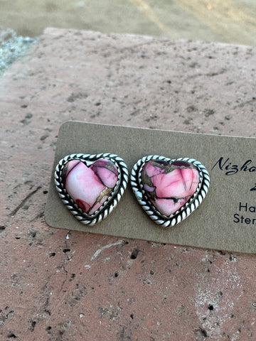 Handmade Sterling Silver & Rose Dahlia Heart Post Earrings