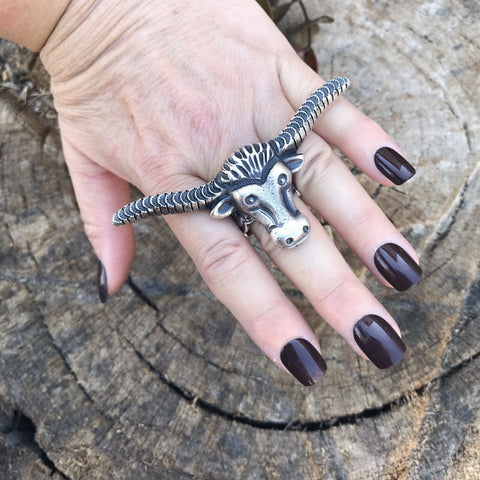 Navajo Sterling Silver Longhorn Cattle Steer Head Statement Ring