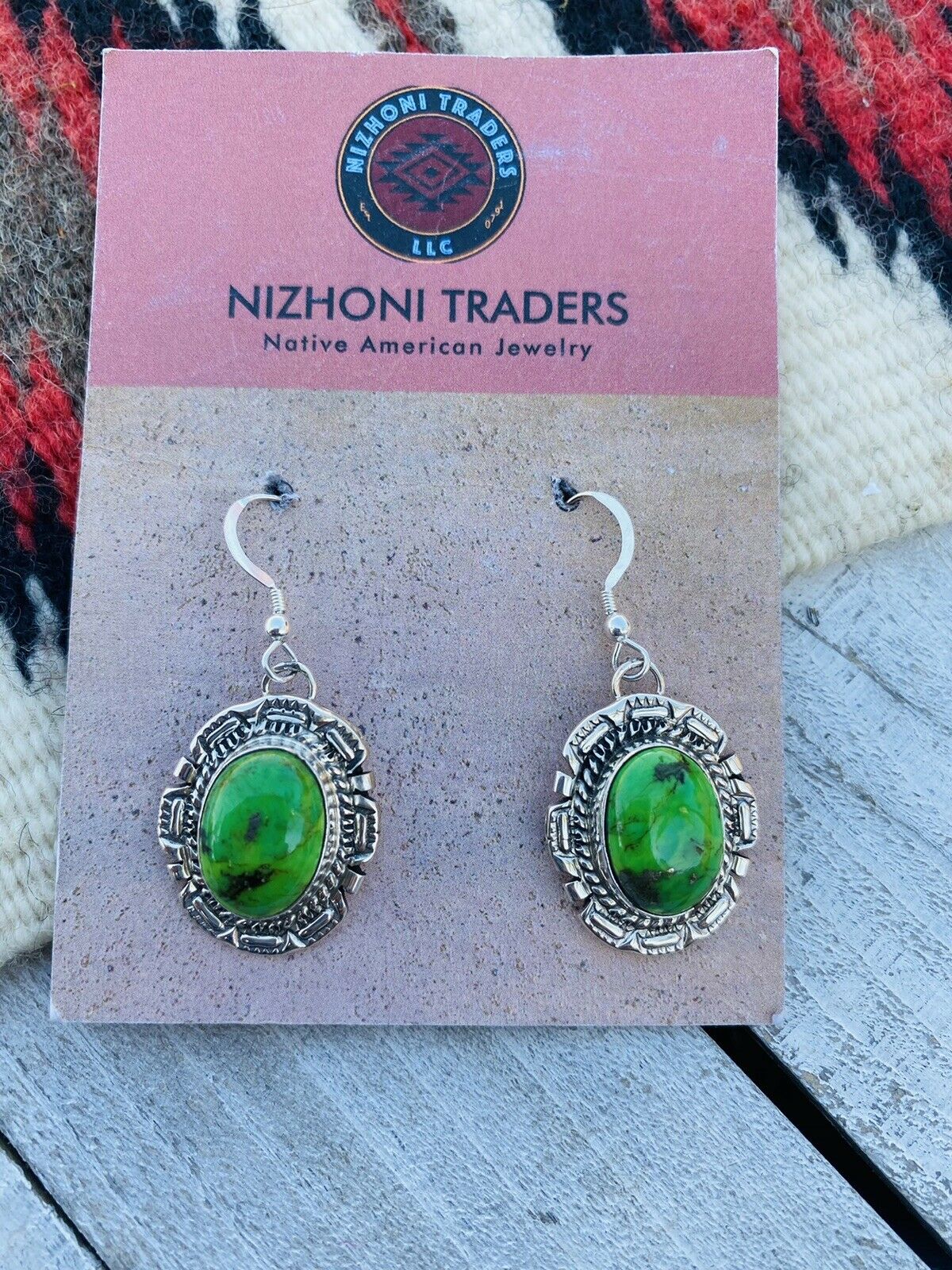 Navajo Sterling Silver Gaspeite Dangle Earrings Signed