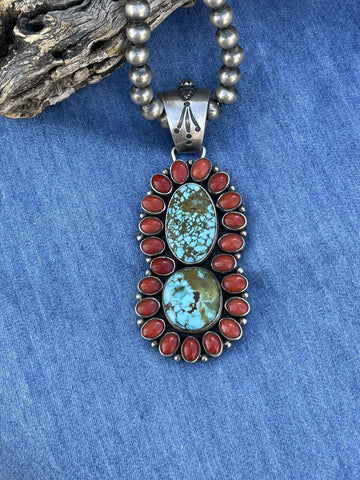 Navajo Sterling 2 Stone Kingman Web Turquoise & Red Coral Taos Pendant