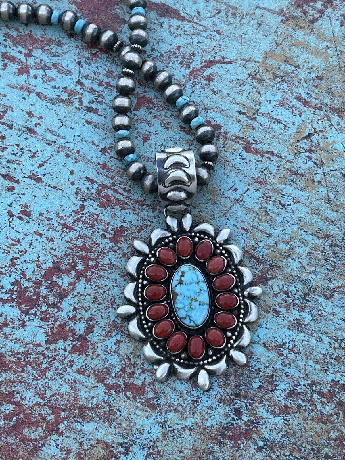 Navajo Sterling Kingman Web Turquoise & Red Coral Taos Ornate Pendant D. Clark