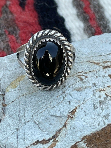 Navajo Sterling Silver Black Onyx Rope Style Ring