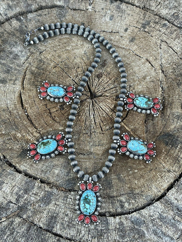 Navajo Sterling Kingman Turquoise Natural Red Coral Necklace Taos Collection