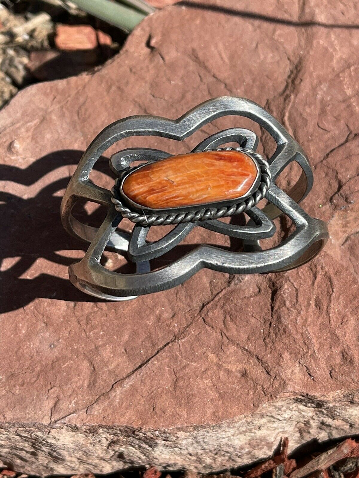 Navajo Orange Spiny & Sterling Silver Cuff Bracelet By Chimney Butte Signed