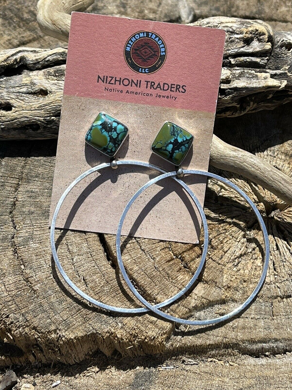 Navajo Tibetan Turquoise & Sterling Silver Dangle Hoop Earrings