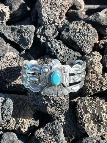 Sterling Silver Navajo Stamped Turquoise Thunderbird Cuff