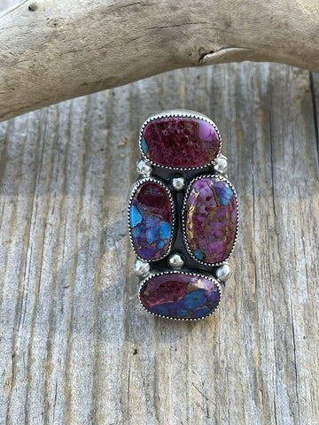 Navajo 4 stone Pink Dream Mohave & Sterling Silver Ring Size 6