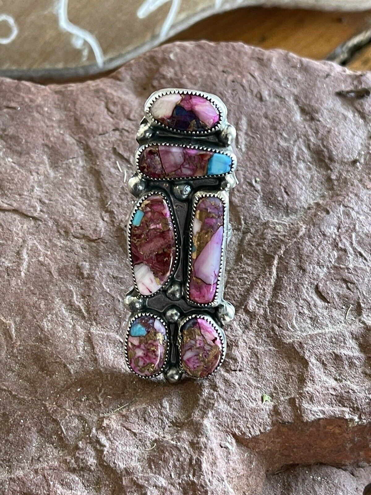 Navajo 6 stone Pink Dream Mojave & Sterling Silver Ring Size 8