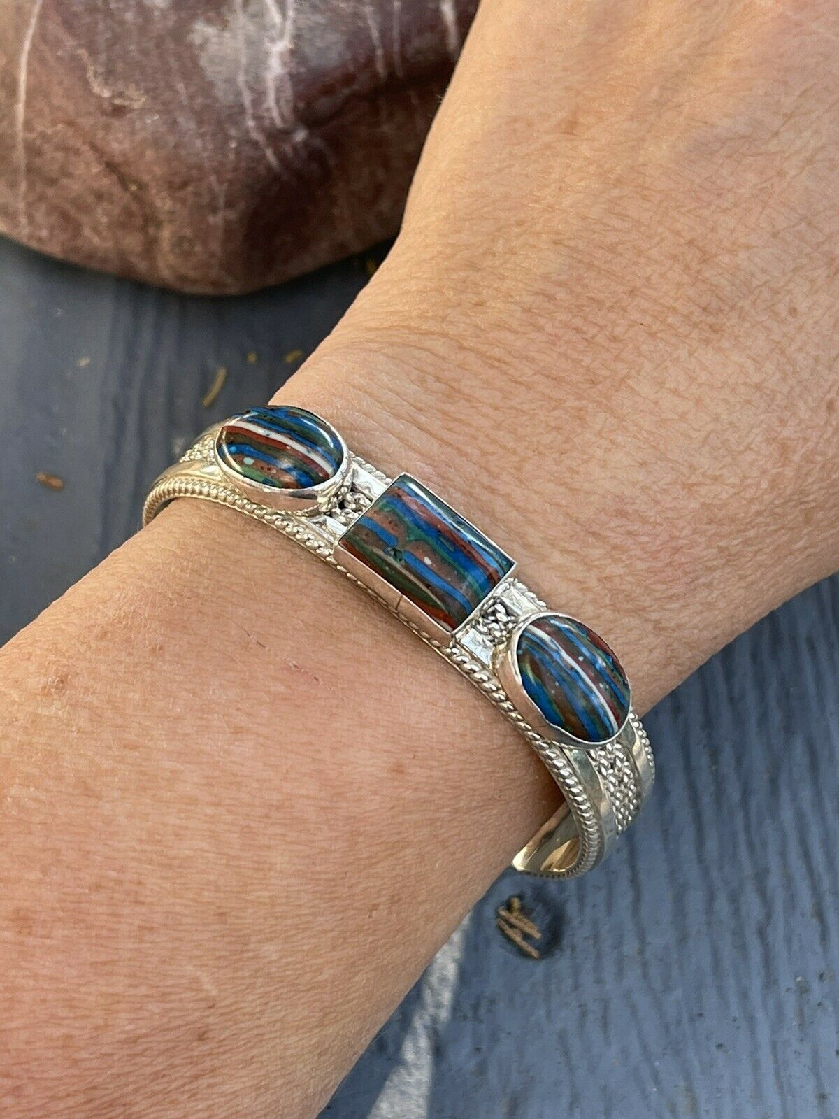 Unique Navajo Sterling Silver & Rainbow Stone Elegant Cuff Bracelet