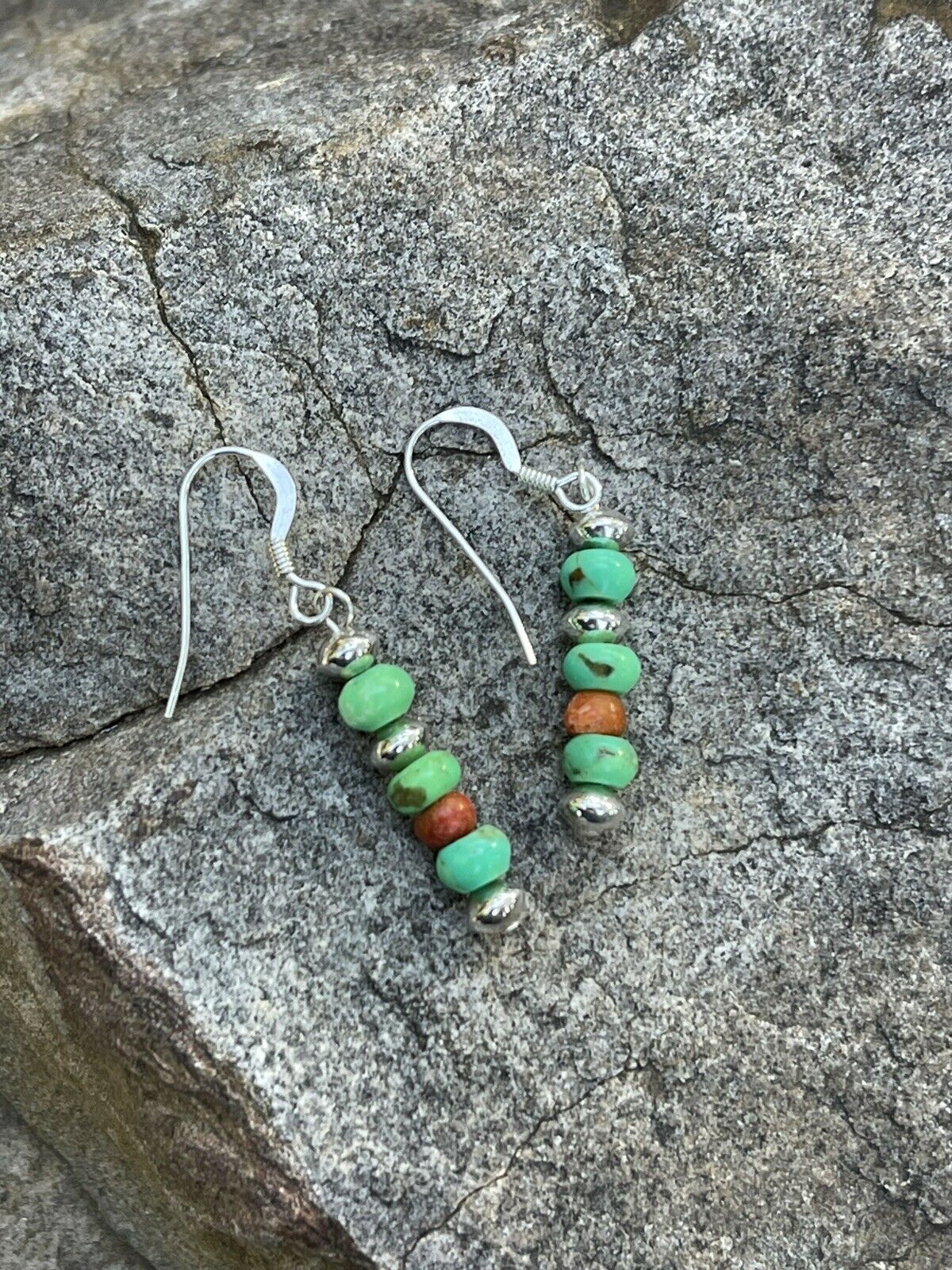 Navajo Sterling Apple Coral  & Green Kingman Turquoise Dangle Bead Earrings