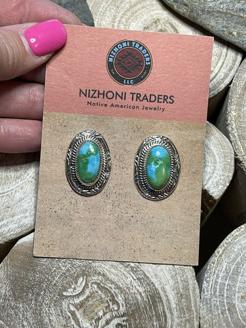 Navajo Sonoran Mountain Turquoise & Sterling Silver Stud Earrings