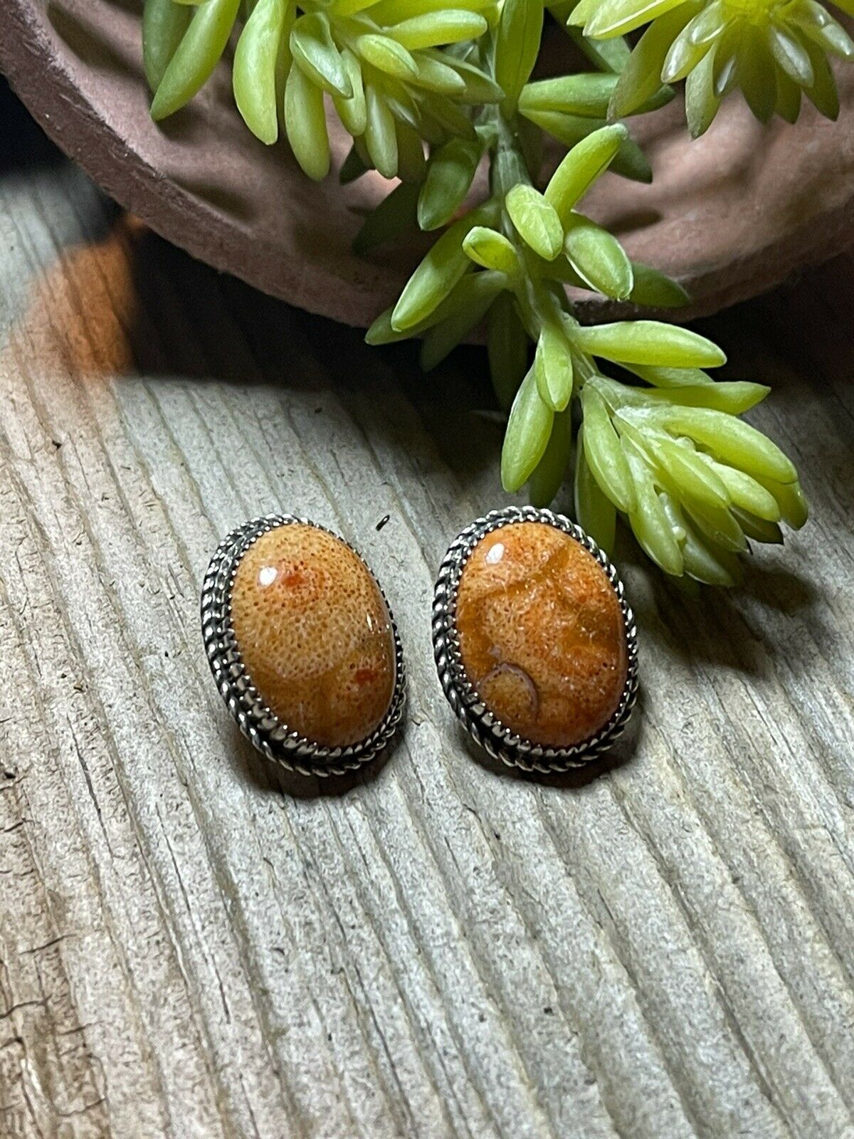 Beautiful Navajo Sterling Silver Apple Coral Oval Post Earrings