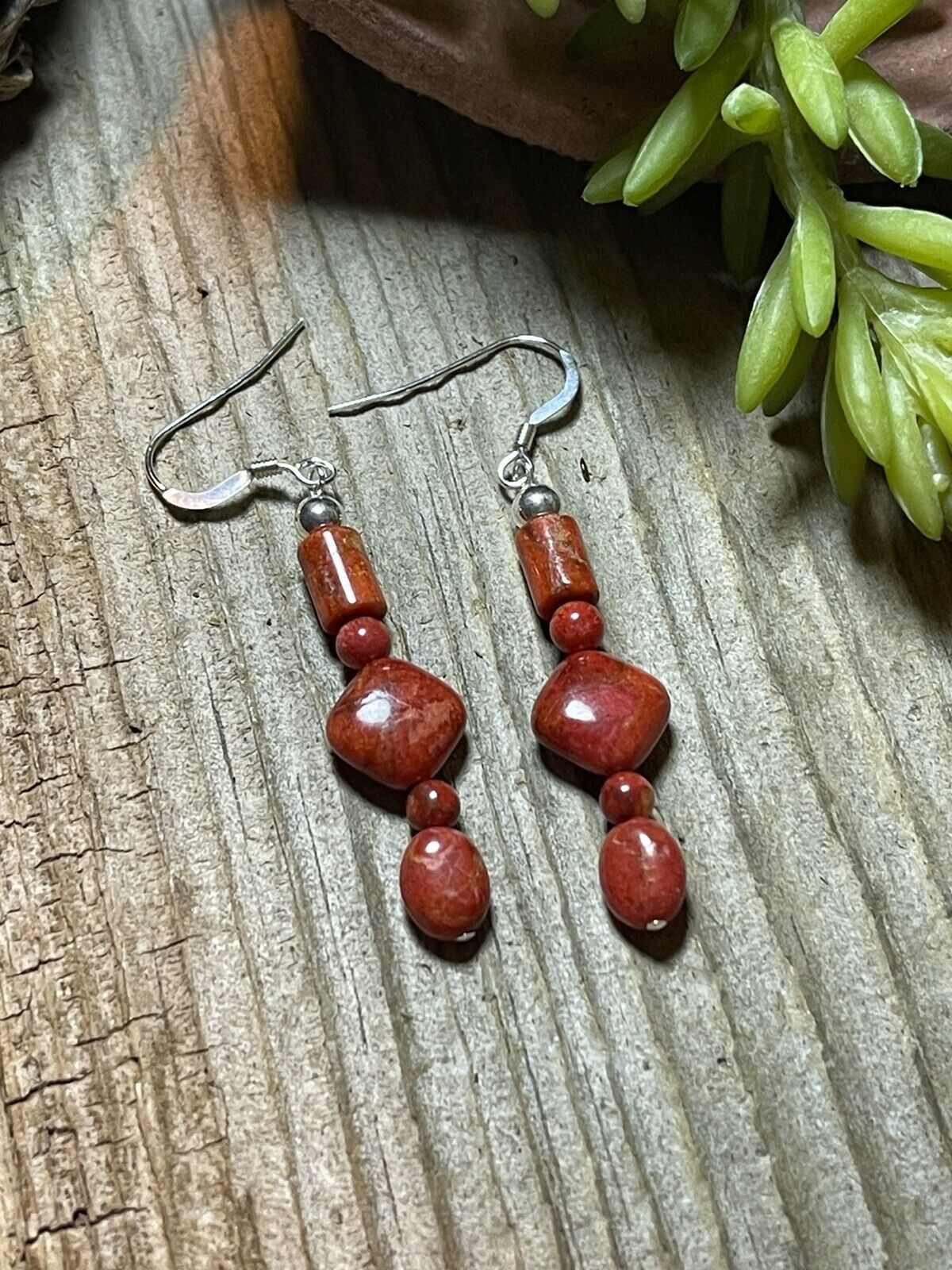 Navajo Sterling Silver Apple Coral Strand Beaded Earrings