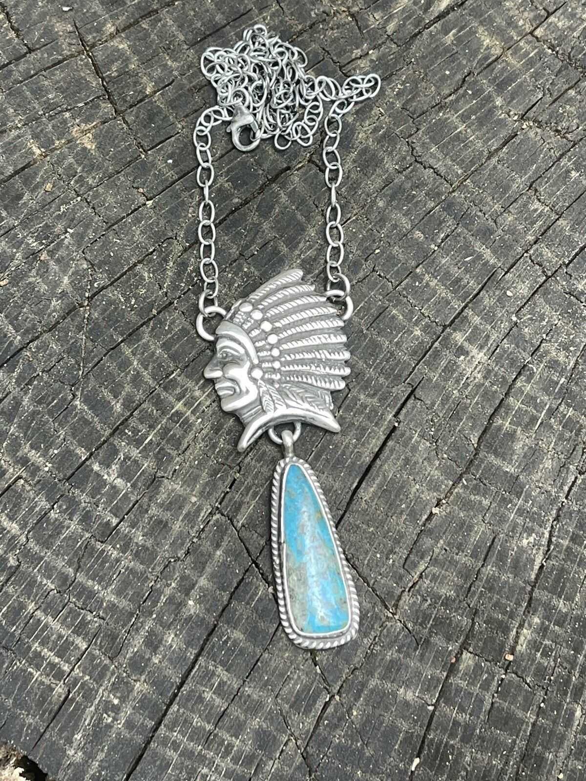 Navajo Sterling Silver Indian Chief Royston Turquoise Drop Necklace