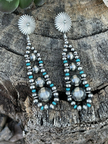 Navajo Sterling Silver Turquoise Gradual Bead Dangle Earrings