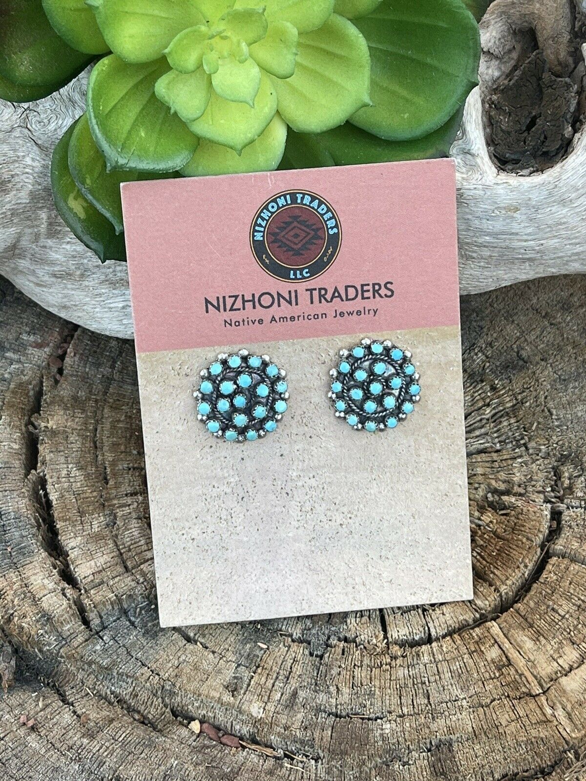 Zuni Sterling Silver & Turquoise Cluster Stud Earrings Signed LW