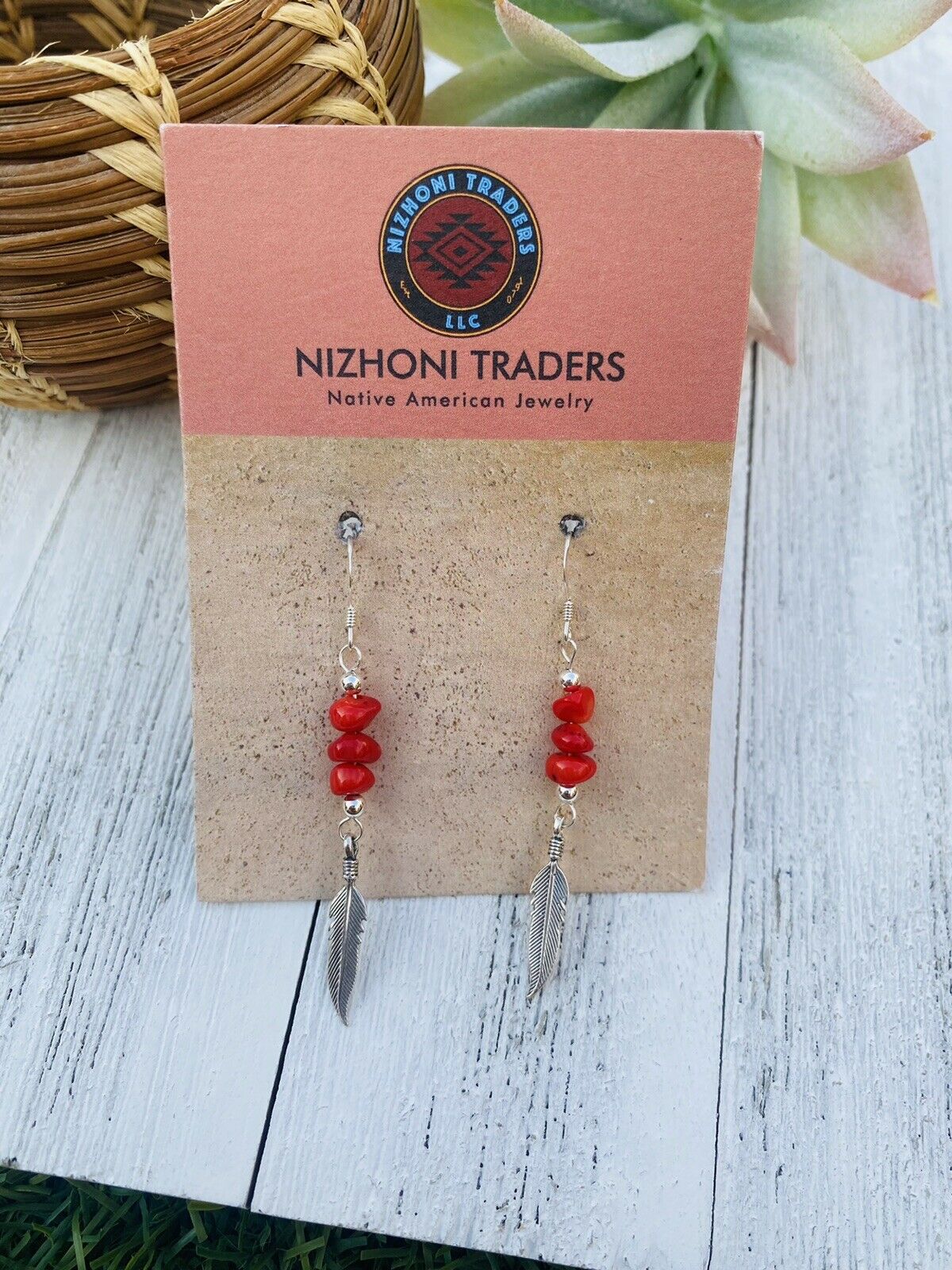 Navajo Coral & Sterling Silver Feather Dangle Earrings