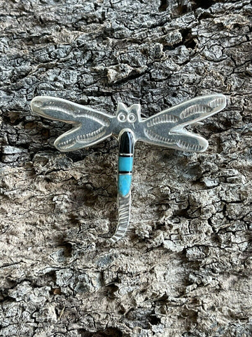 Navajo Sterling Silver Turquoise and Onyx Stone Dragonfly Pendant Pin Signed