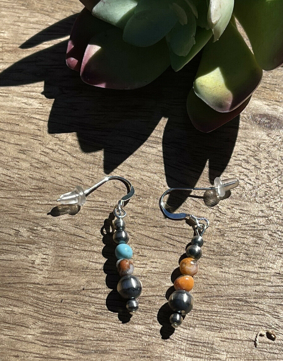 Navajo Sterling Silver Pearl, Turquoise & Spiny Spice Beaded Earrings