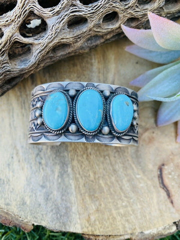 Vintage Navajo Turquoise & Sterling Silver Hand Stamped Cuff Bracelet