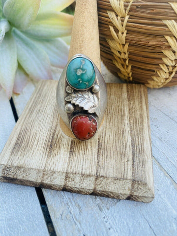 Vintage Navajo Sterling Silver, Turquoise & Coral Ring Size 10