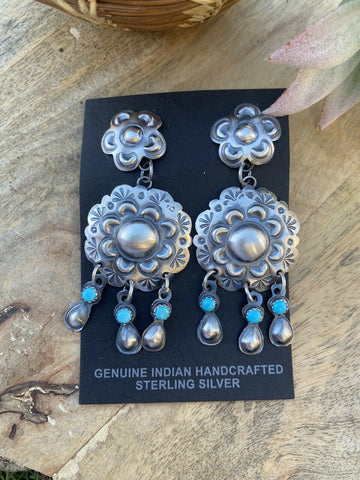 Navajo Sterling Silver & Turquoise Concho Dangle Earrings Signed