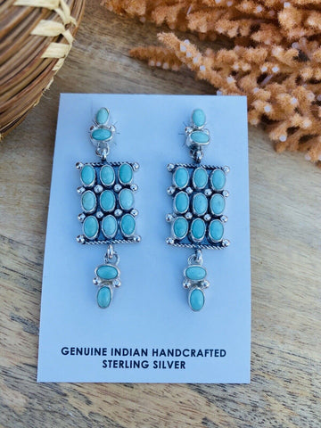 Navajo Turquoise & Sterling Silver Cluster Dangle Earrings Signed