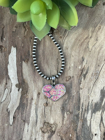 Zuni Iridescent Pink Opal & Sterling Silver Heart Pendant