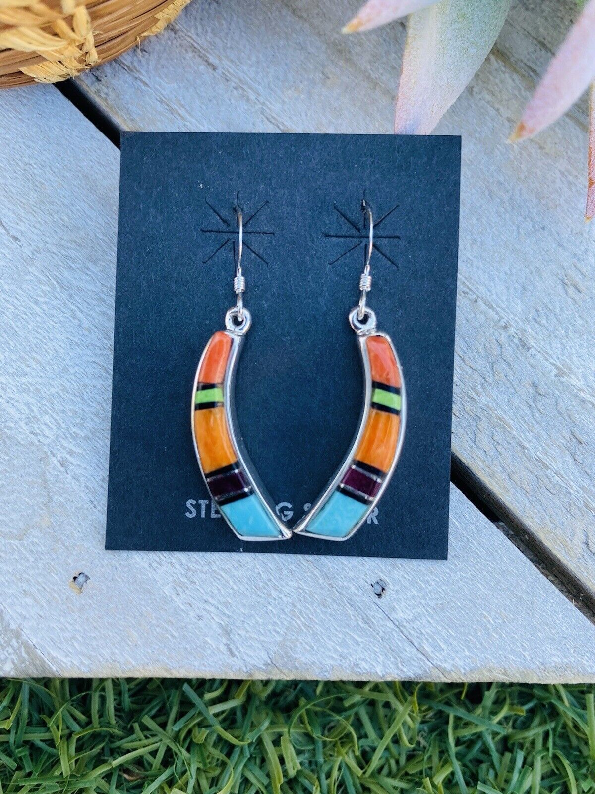 Navajo Multi Stone And Sterling Silver Inlay Dangle Earrings