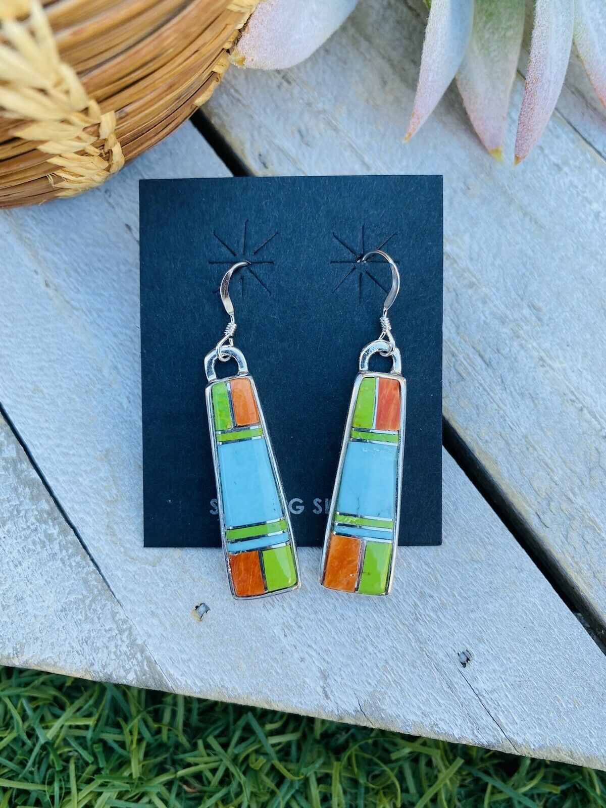 Navajo Multi Stone And Sterling Silver Inlay Dangle Earrings