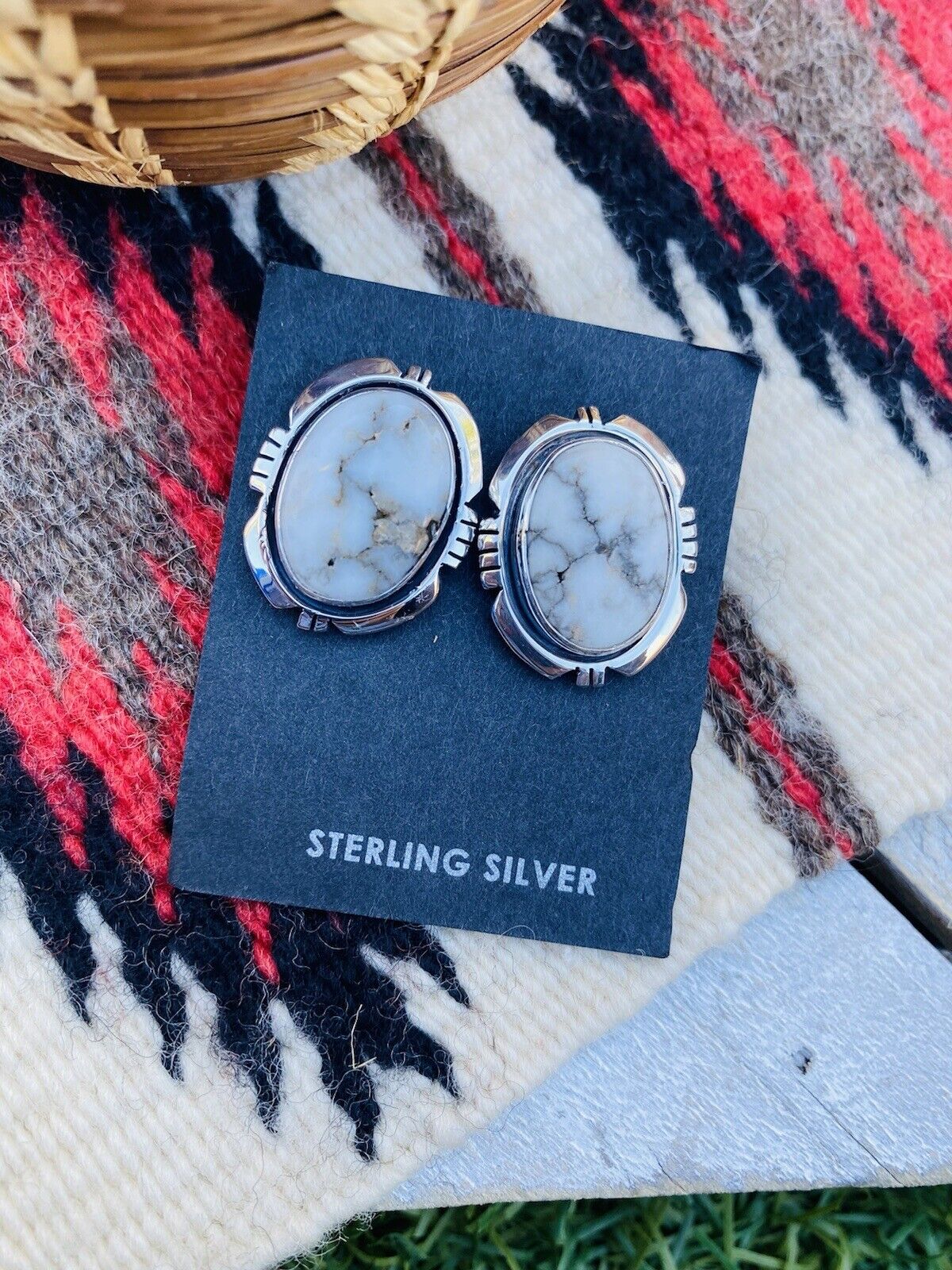 Navajo White Buffalo And Sterling Silver Post Earrings Signed